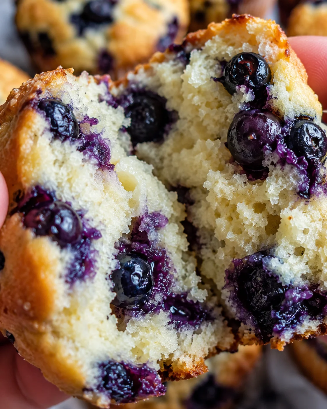 Close-up of a fluffy blueberry muffin torn open, revealing juicy blueberries and a tender crumb.