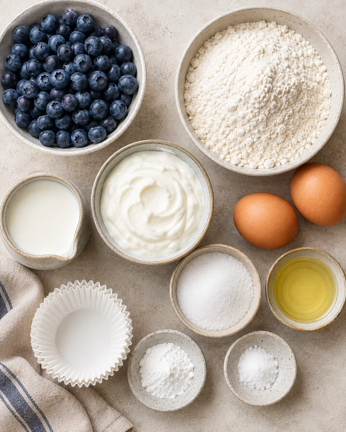Top-down view of bowls with blueberries, flour, yogurt, milk, eggs, and sugar arranged on a beige kitchen surface.
