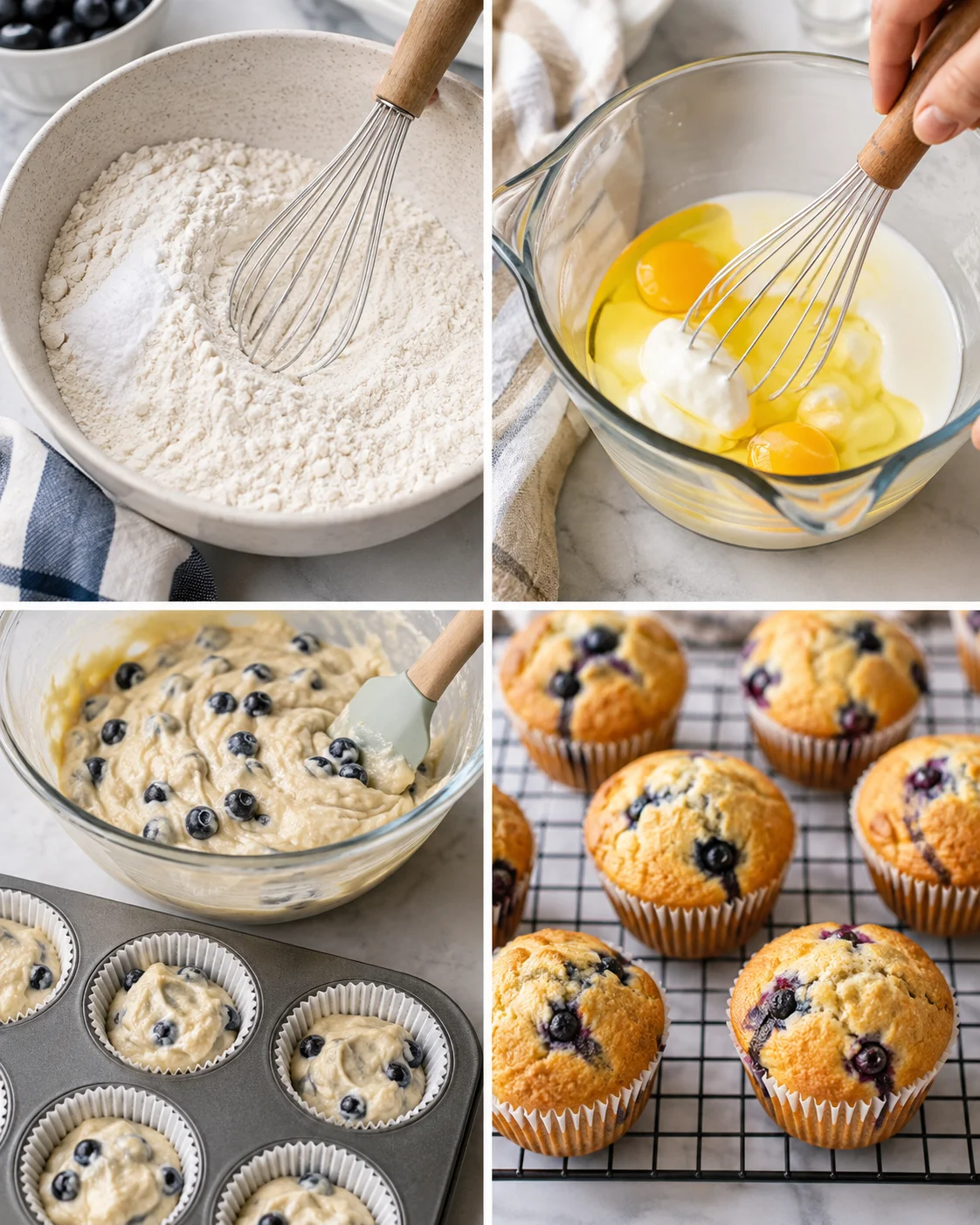 Delicious, moist blueberry muffins with a golden top and Greek yogurt texture
