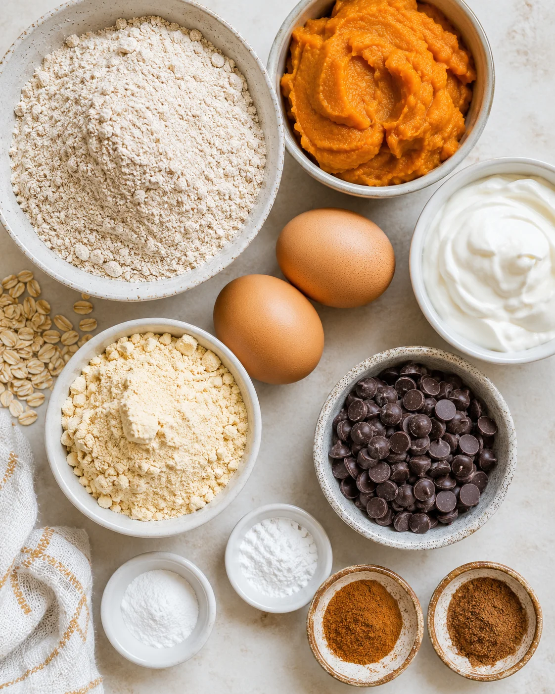 Overhead view of baking ingredients: flour, pumpkin puree, eggs, yogurt, oats, chocolate chips, and spices arranged on a light countertop.