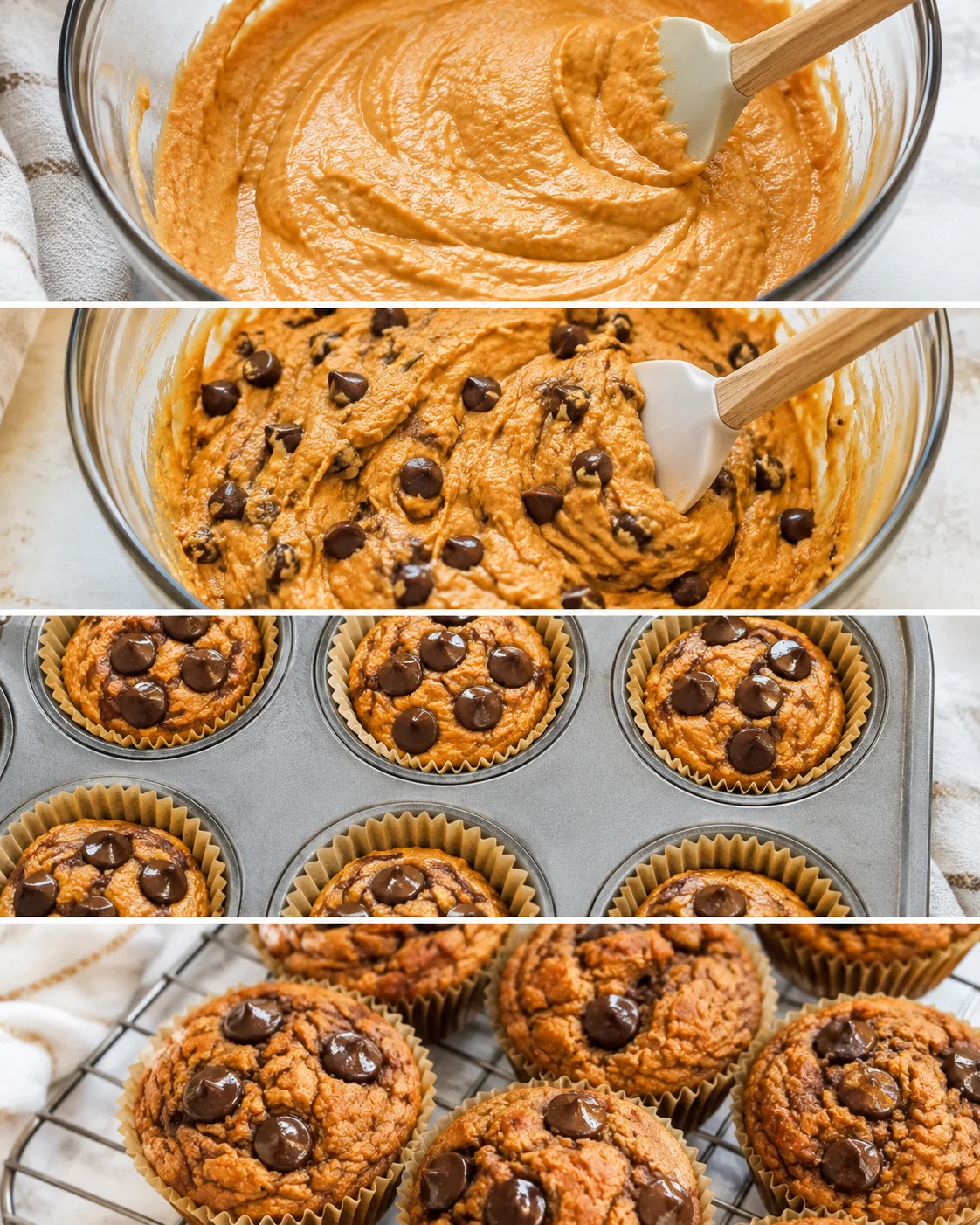 collage showing orange batter being stirred, chocolate chips folded in, muffin cups filled, and baked muffins.