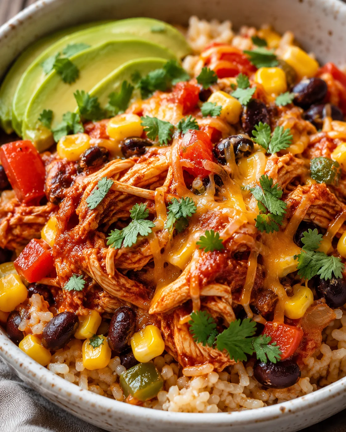 Shredded chicken with red sauce, melted cheese, black beans, corn, peppers, cilantro, avocado atop rice