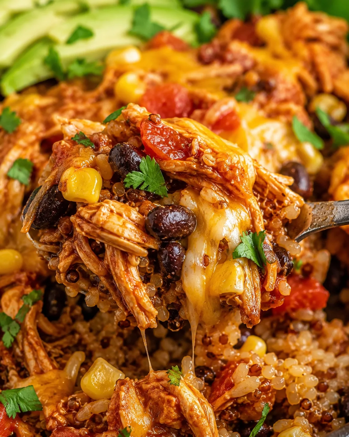 close-up of shredded chicken, black beans, corn, and melted cheese on a spoon, garnished with cilantro.