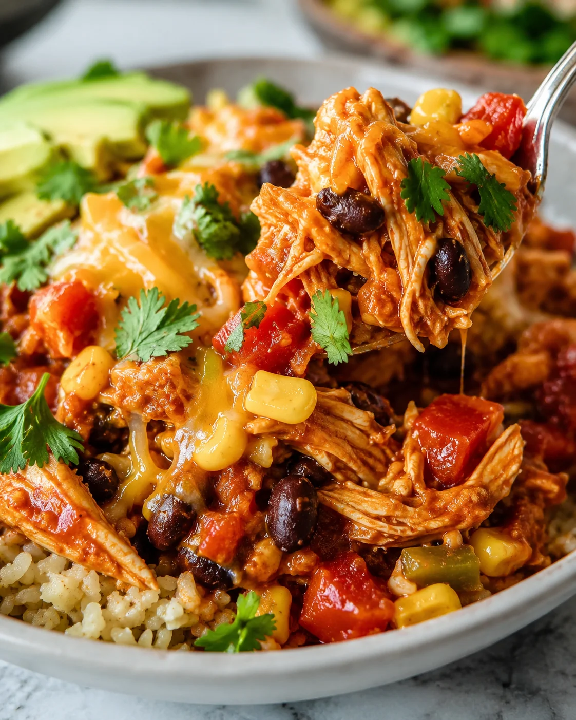 Shredded chicken burrito bowl with black beans, corn, peppers, avocado, cheese, and cilantro.
