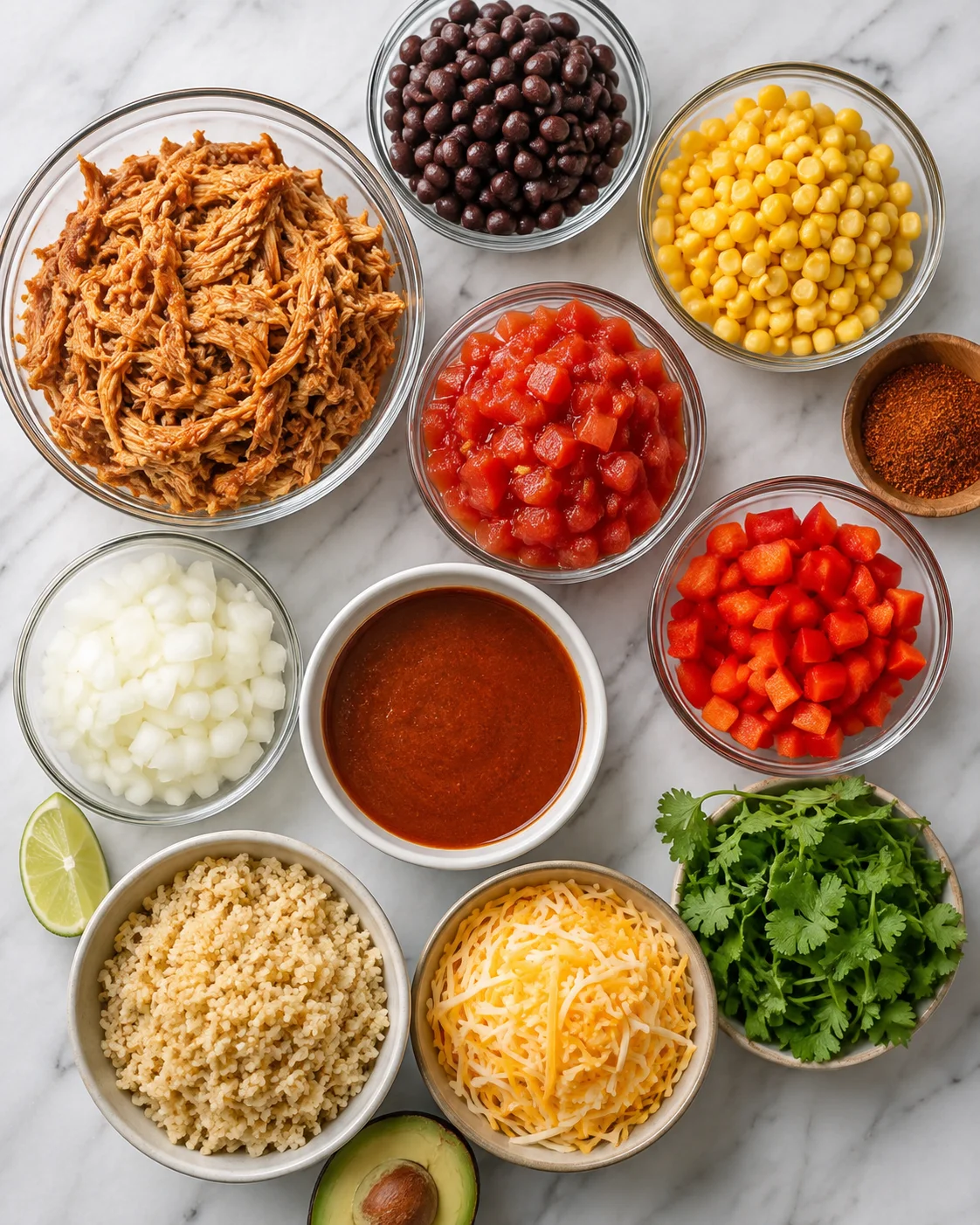 Colorful ingredients for flavorful high-protein chicken enchilada bowls arranged on marble surface.