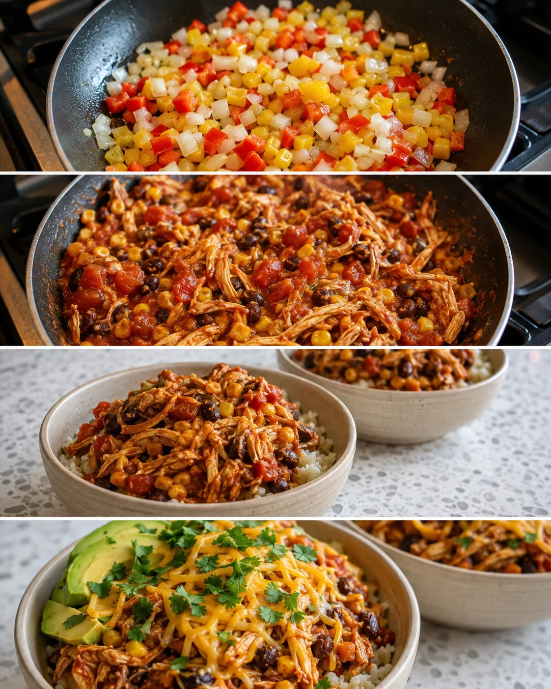 Colorful chicken enchilada bowls with vegetables and rice, ready to eat.