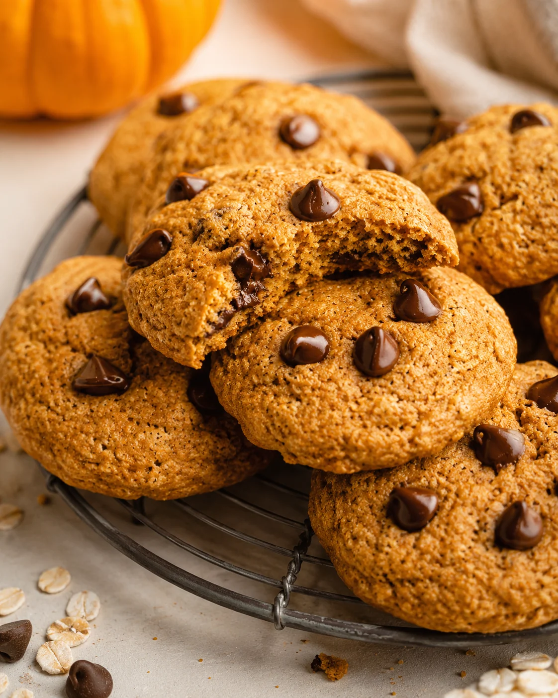 Golden pumpkin-spice cookies studded with chocolate chips on a wire cooling rack.