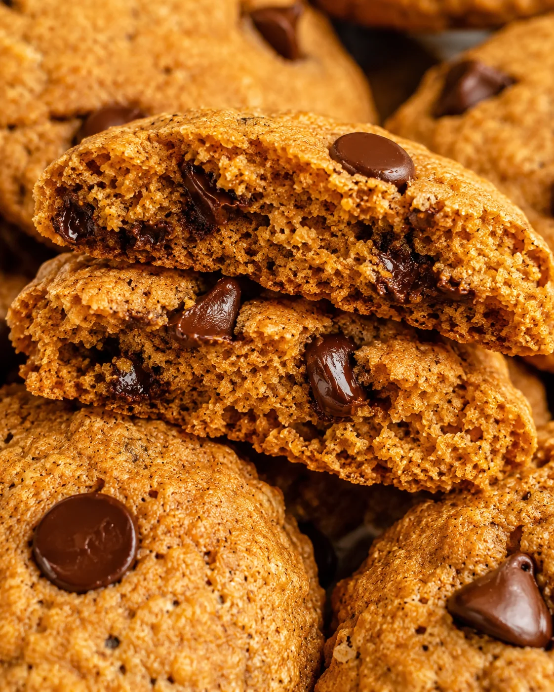 Close-up of warm, golden-brown chocolate chip cookies with melted centers.