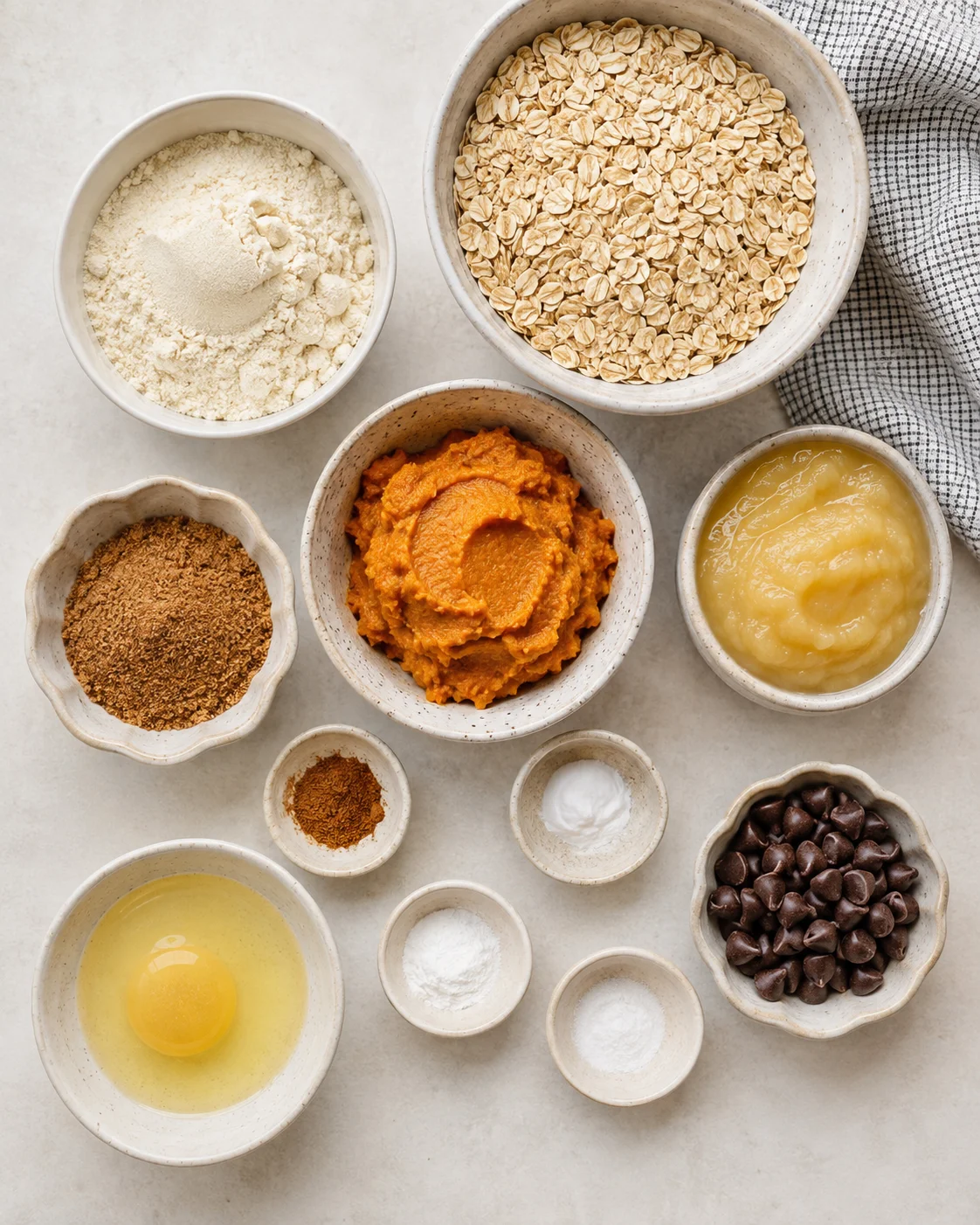 Photo of ingredients for healthy pumpkin cookies including oats, pumpkin puree, and protein powder