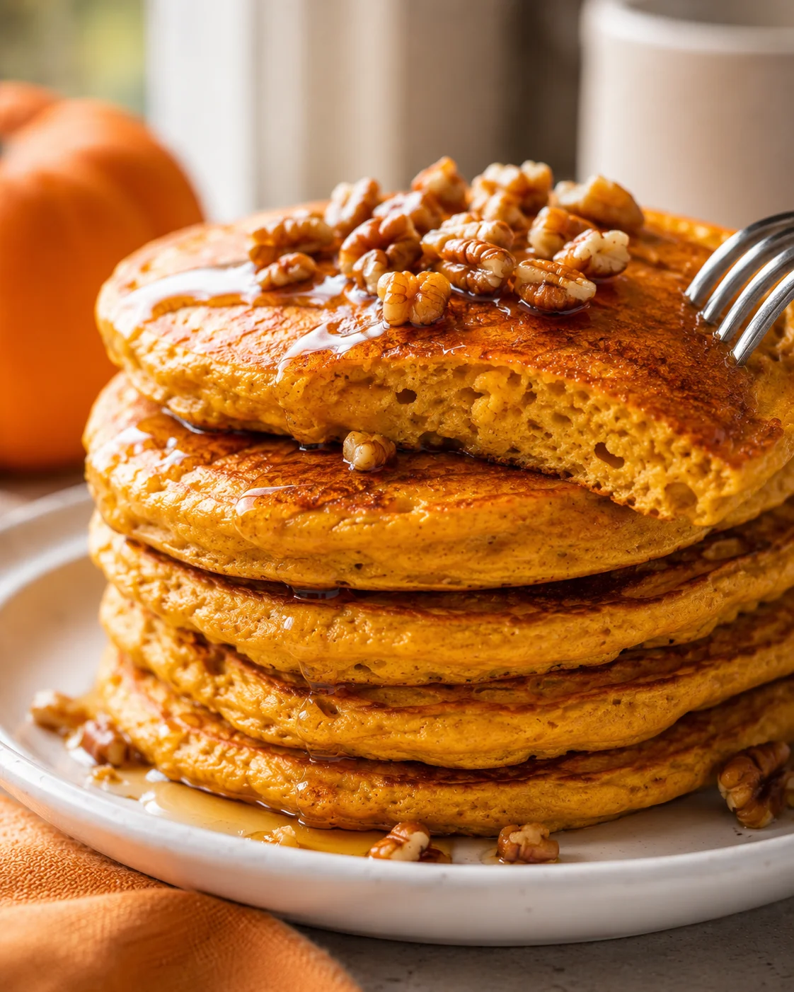 Stack of golden pumpkin-walnut pancakes drizzled with syrup, topped with walnuts on a white plate.
