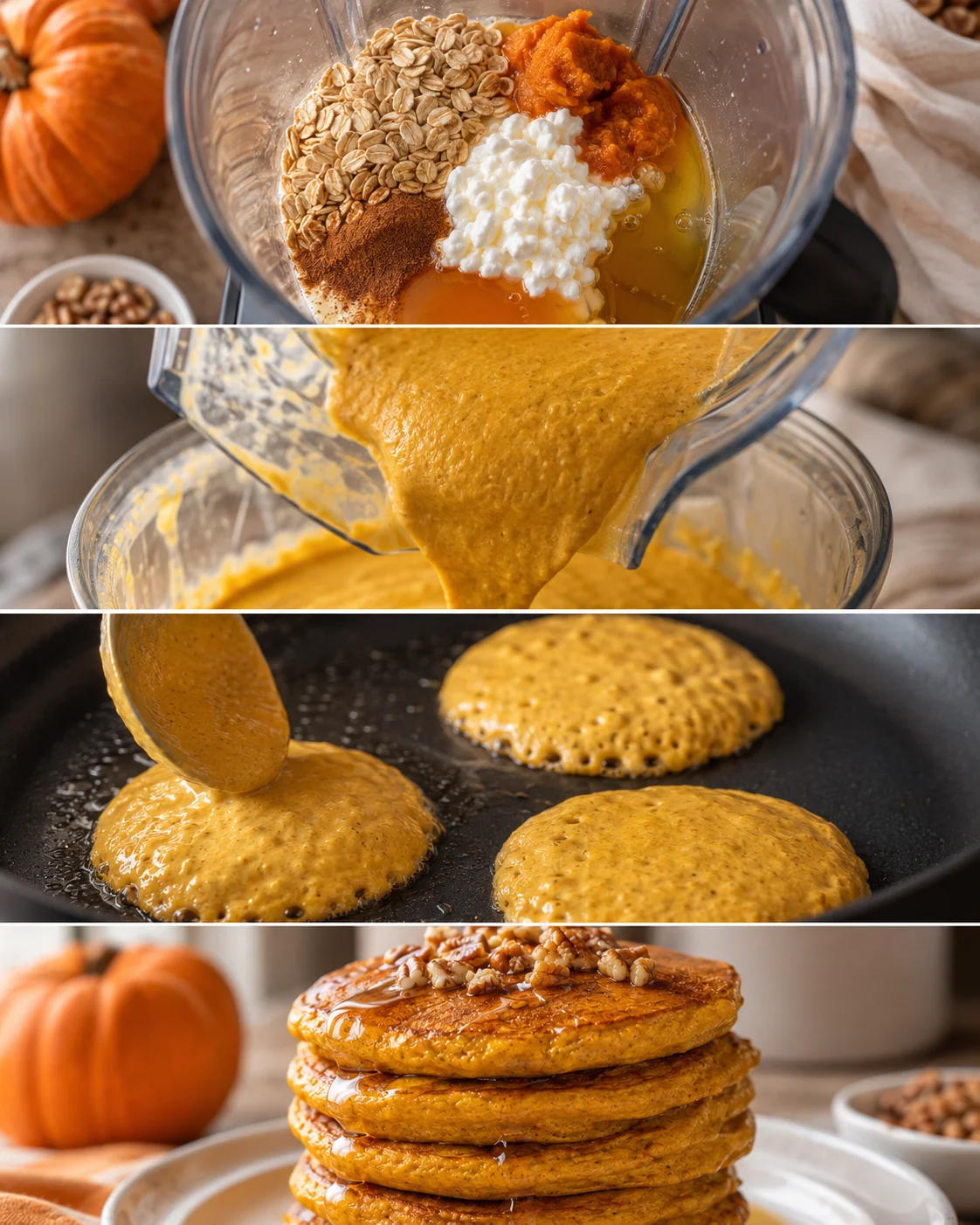 Stack of fluffy pumpkin protein pancakes with autumn decorations nearby