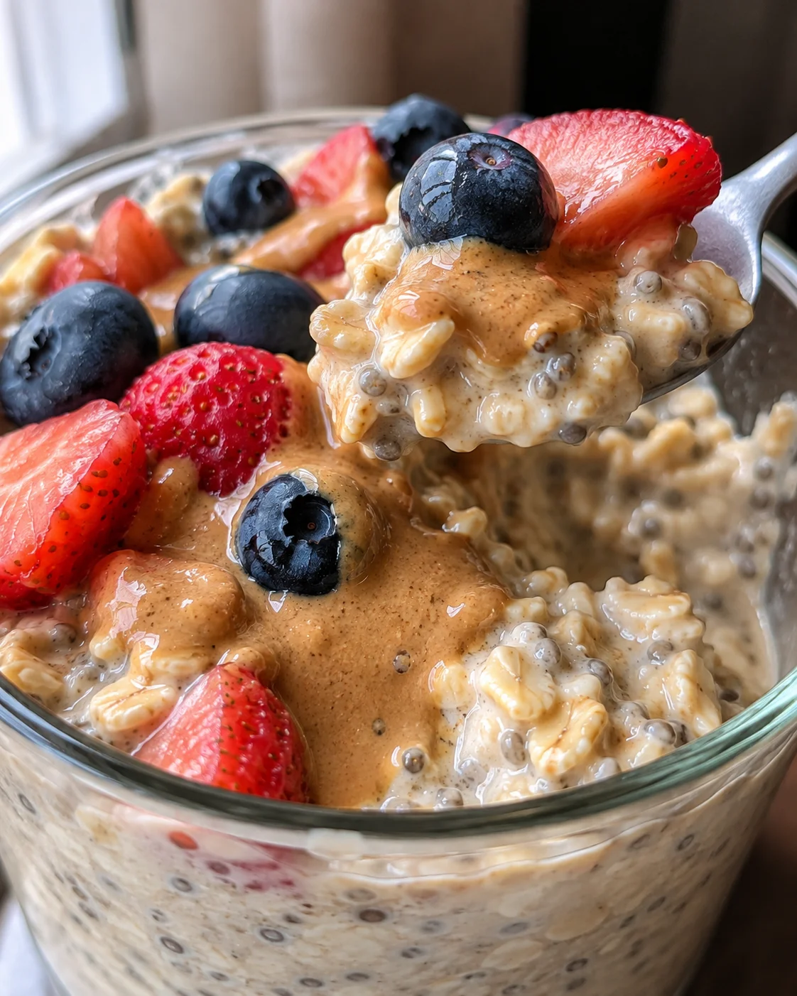 close-up of a glass bowl of overnight oats topped with strawberries, blueberries, and a peanut-butter swirl