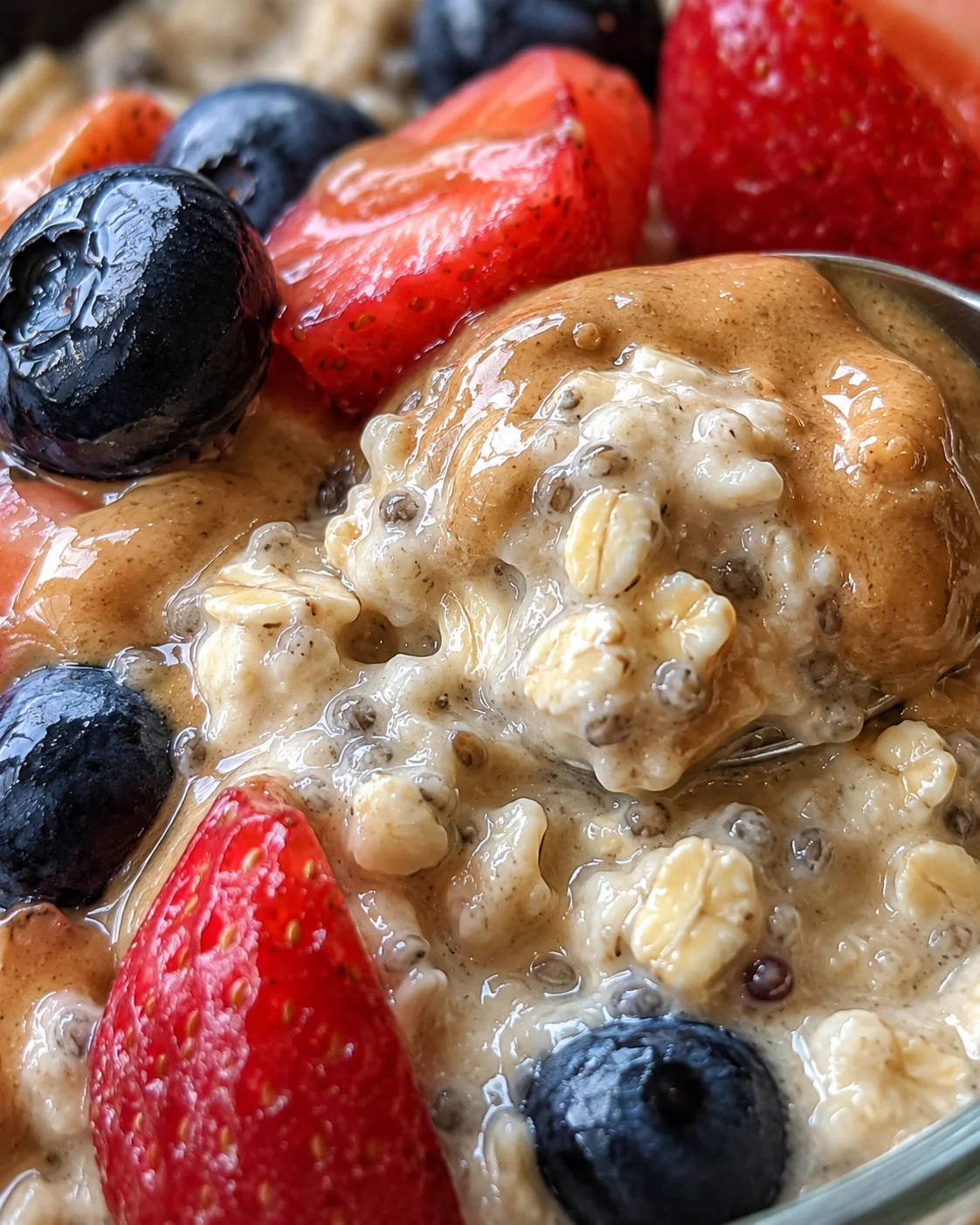 Close-up of creamy oatmeal with strawberries and blueberries on a glossy surface.
