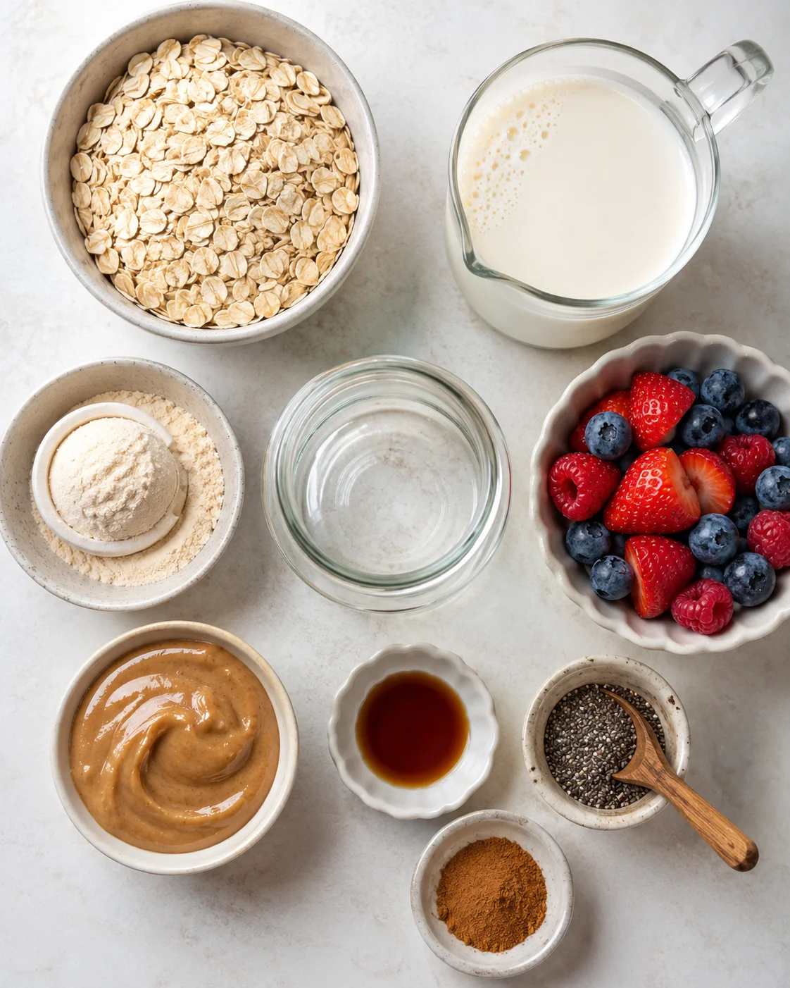 top-down view of oats, milk, berries, and nut butter arranged on a light kitchen countertop