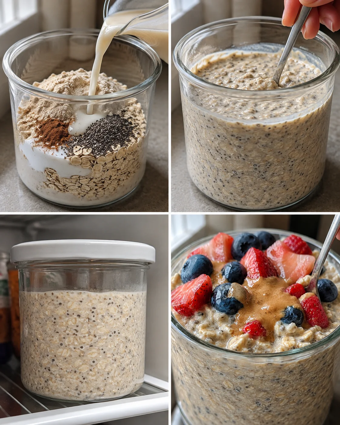 Creamy protein-packed overnight oats topped with fresh berries and fruit.