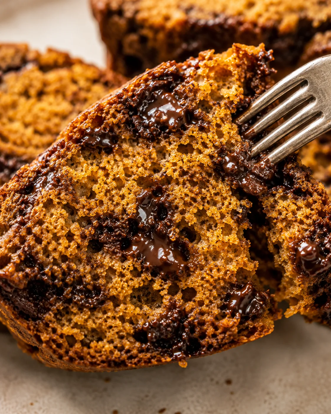Close-up of a moist banana bread slice with melted chocolate chips on a fork.