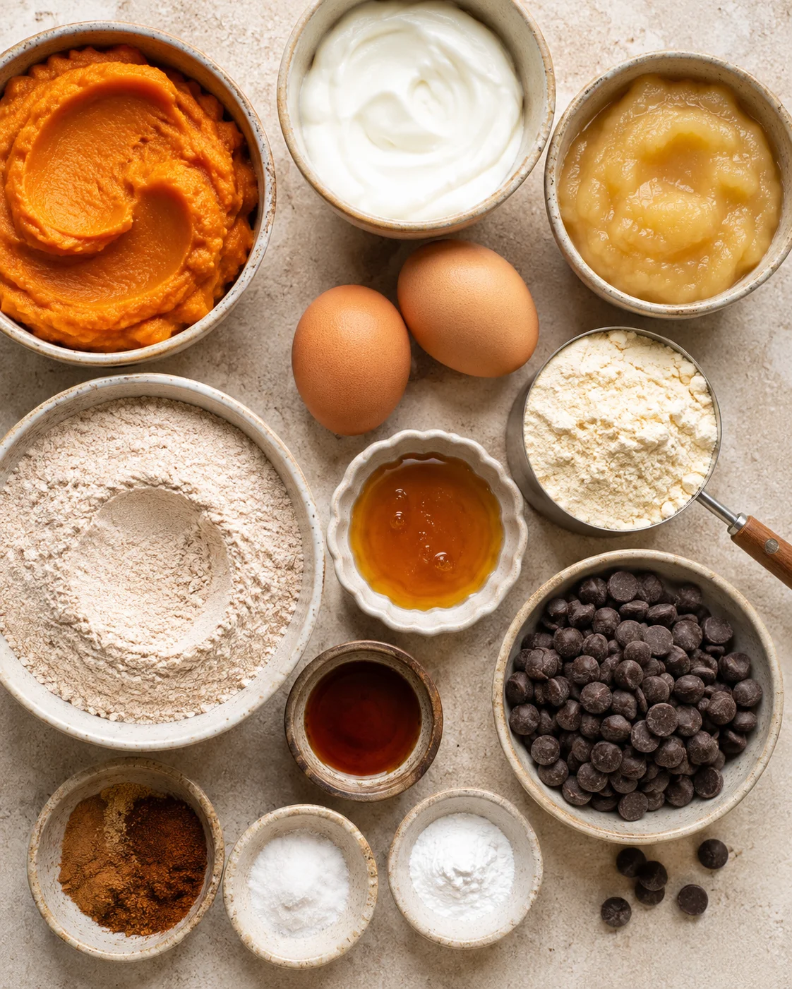 top-down view of assorted baking ingredients in ceramic bowls on a light counter