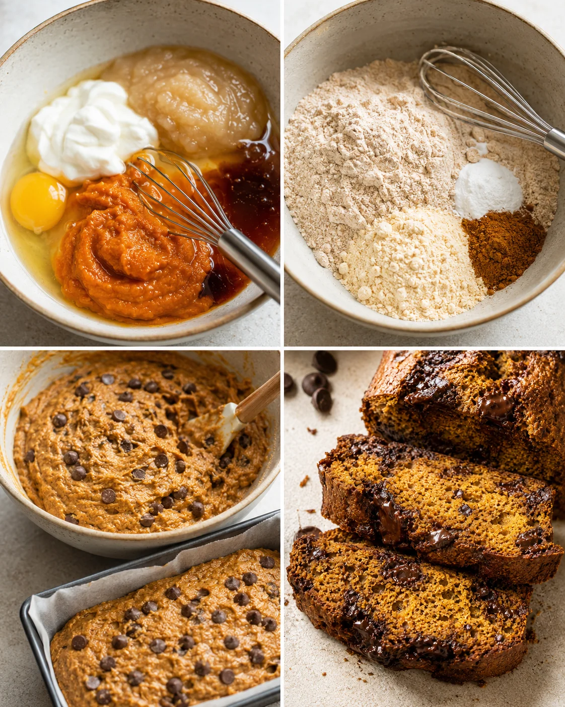 Four-panel collage showing wet ingredients, dry ingredients, chocolate-chip batter, and baked banana bread loaf.
