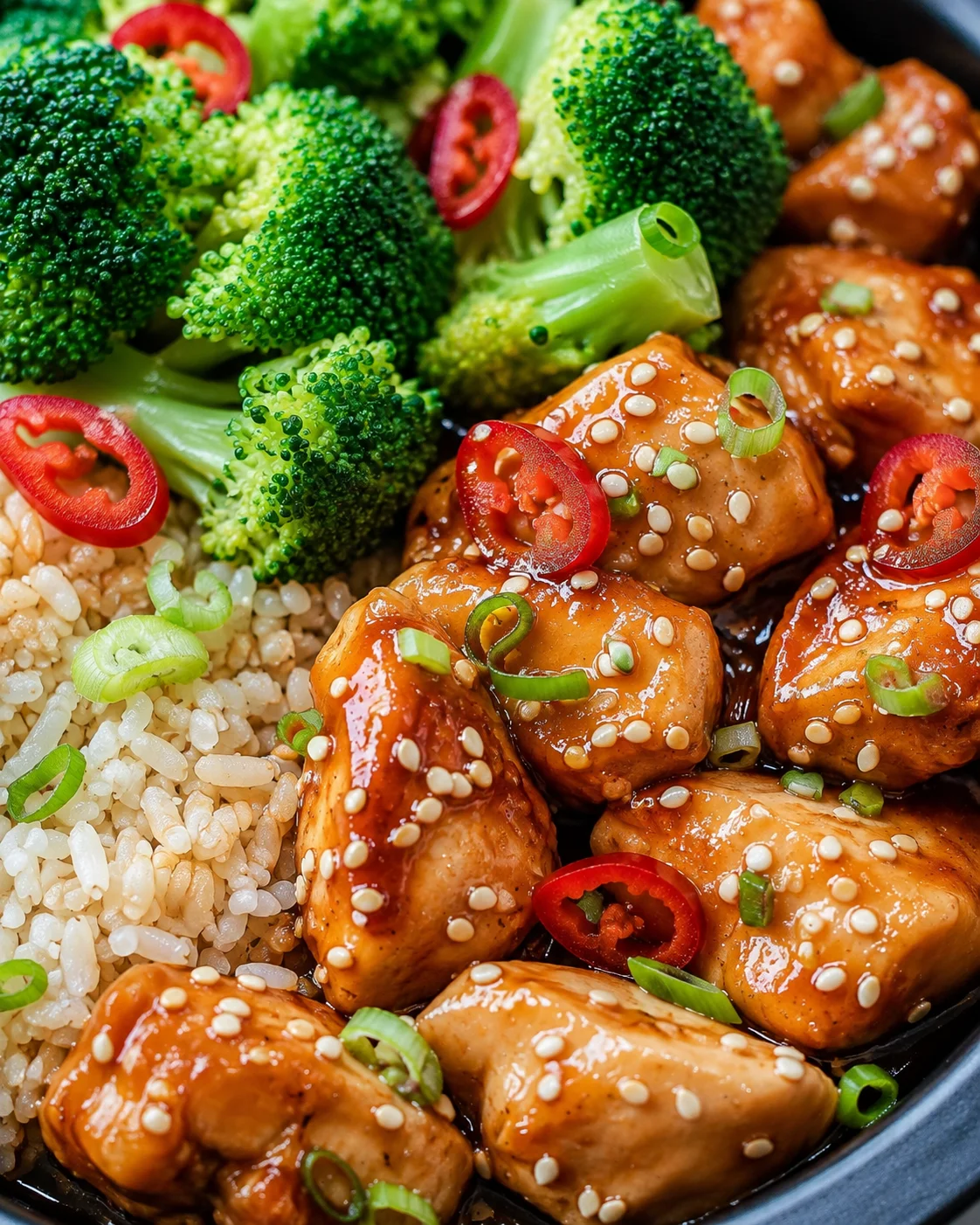 glazed sesame chicken with broccoli, white rice, and red chili slices on a plate