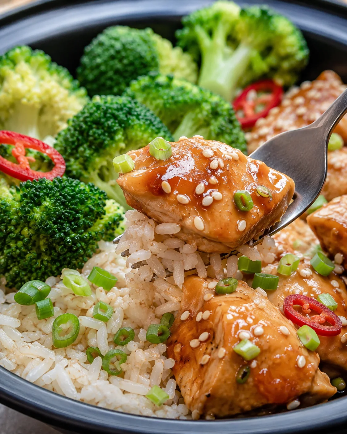glossy sesame-glazed salmon over rice with broccoli and green onions