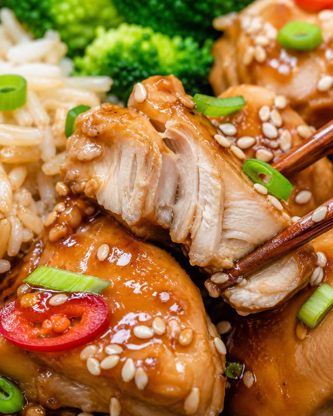 Close-up of sesame-glazed chicken pieces with green onions, broccoli, and rice in the background