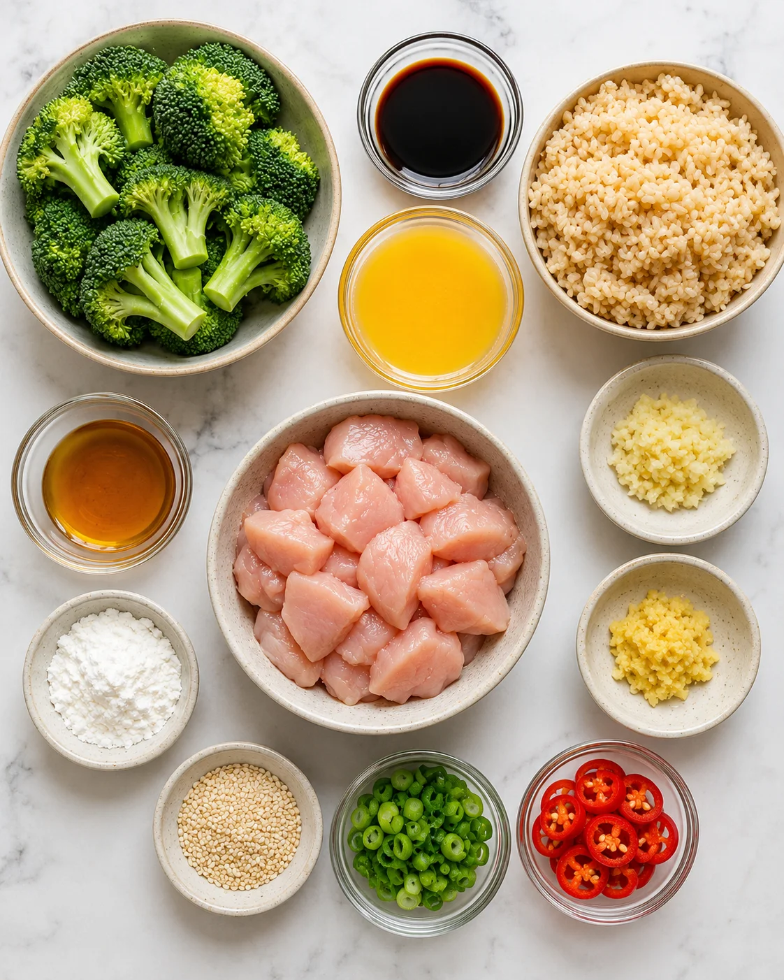 Ingredients for Teriyaki Chicken Meal Prep Bowls on a white surface.