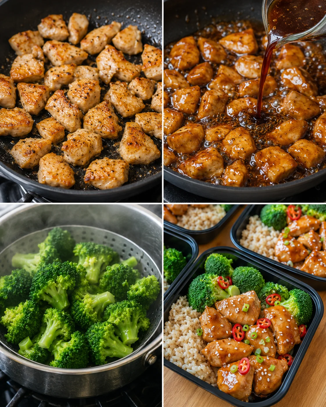 Delicious homemade teriyaki chicken with broccoli and rice in meal prep containers