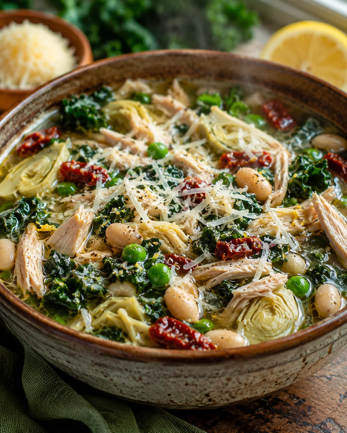 Rustic ceramic bowl of steaming chicken, artichokes, beans, kale, and grated cheese soup.