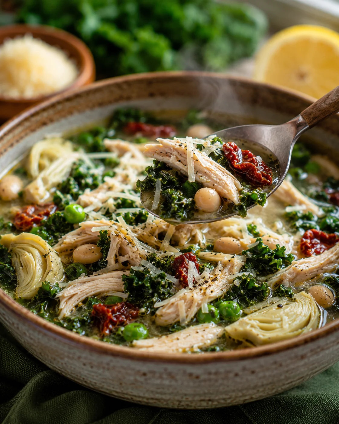 Steaming bowl of creamy chicken kale soup with artichokes, beans, and parmesan shavings.