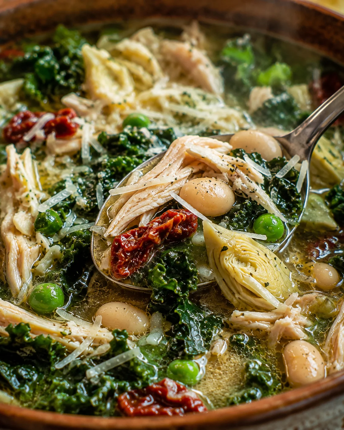 Close-up of a hearty soup with shredded chicken, kale, artichokes, peas, sun-dried tomatoes, and Parmesan in a copper pot.