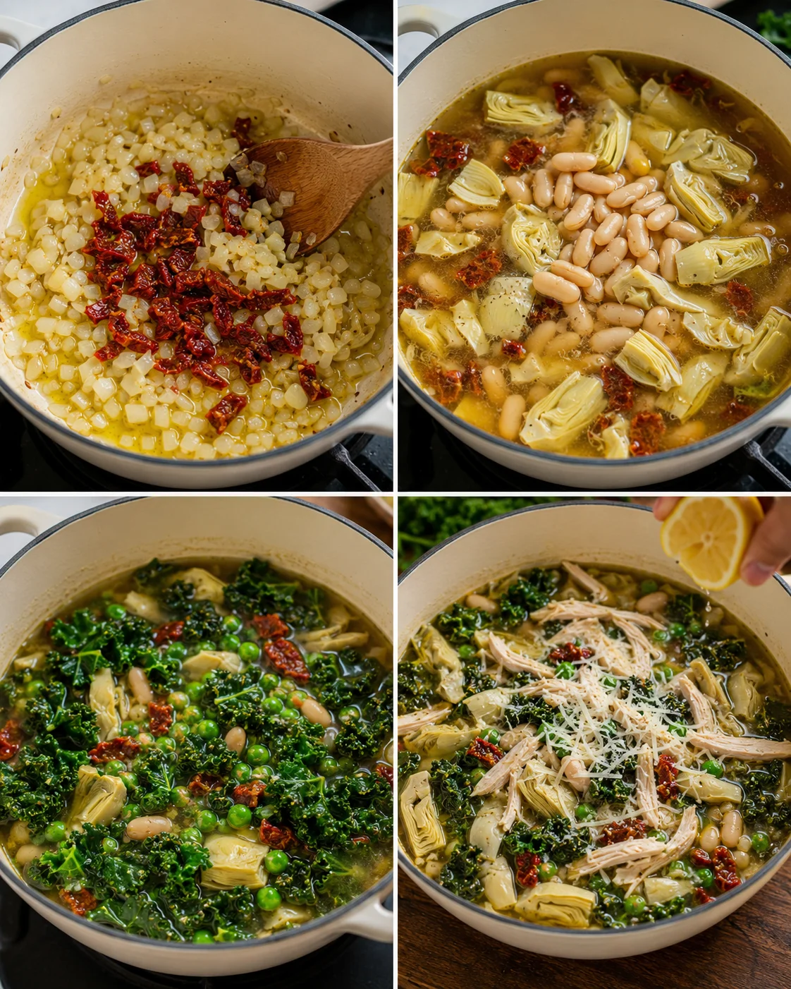 Step-by-step images of preparing high-protein, fiber-rich chicken soup.