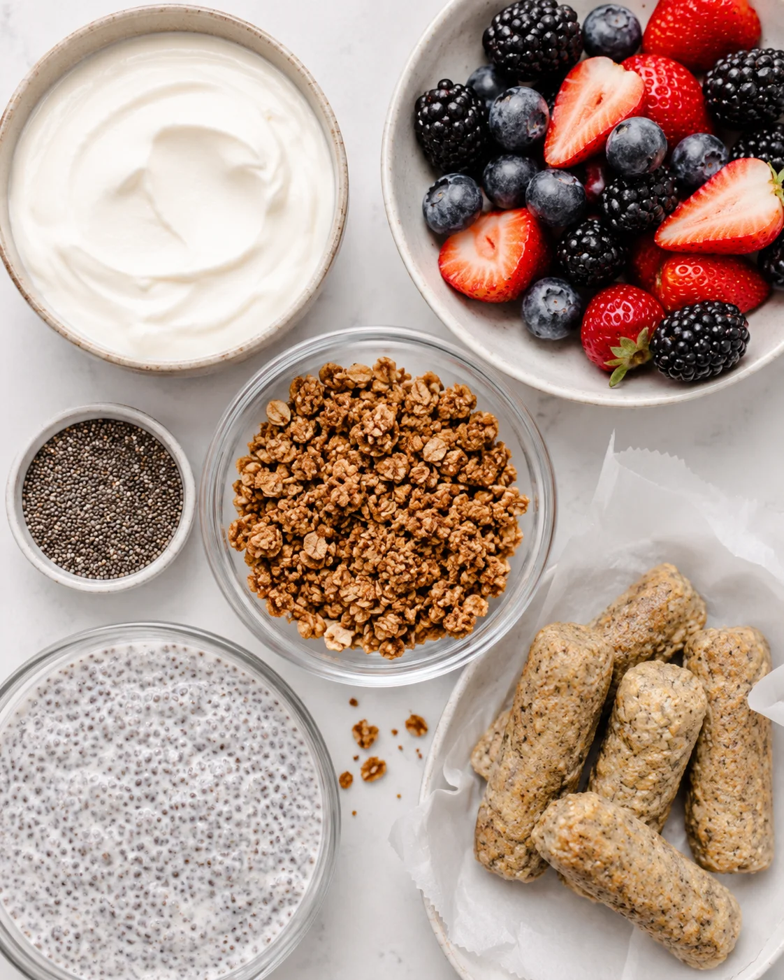 Assorted ingredients for high-protein breakfast meal prep, including yogurt, berries, and sausages.