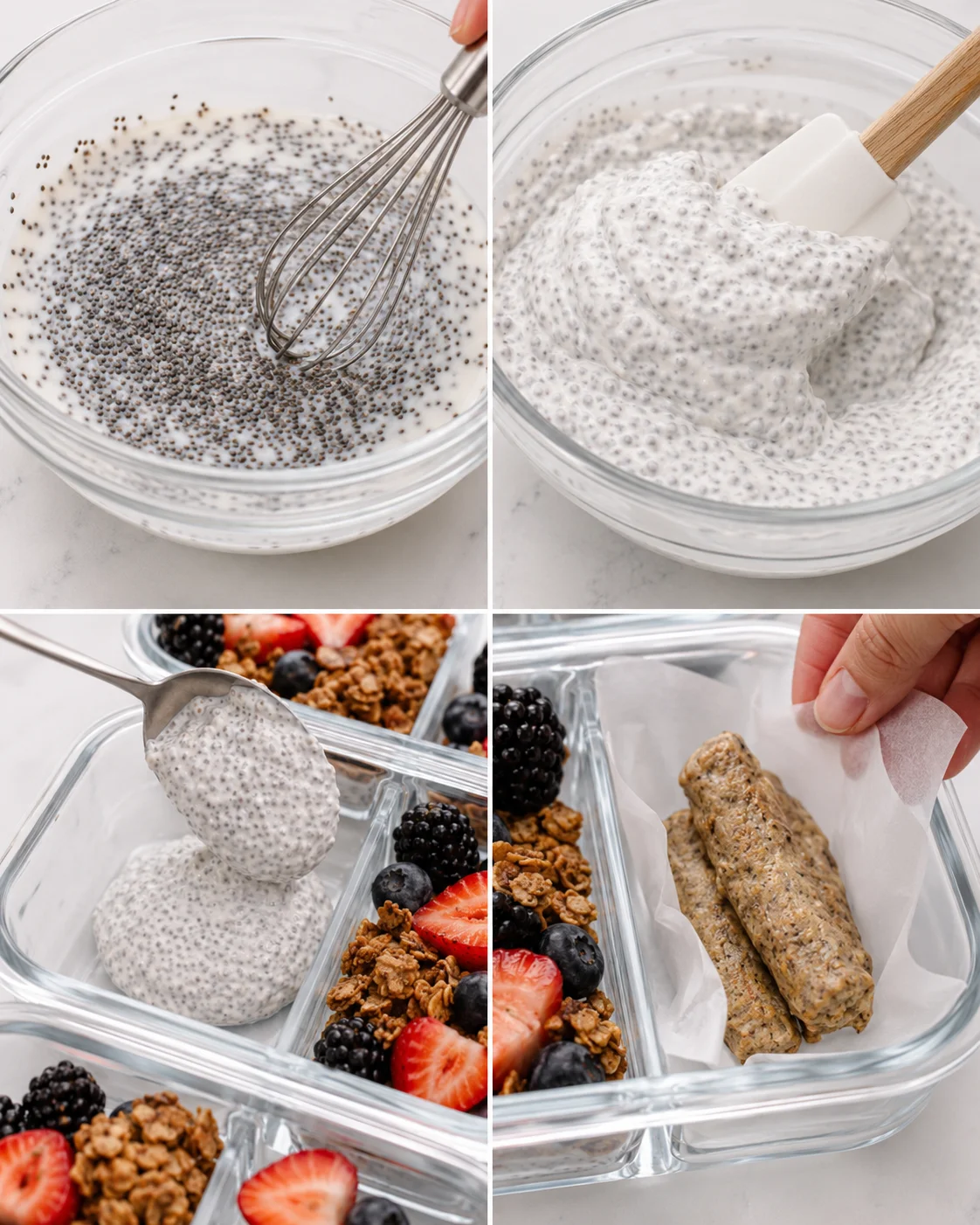 Preparation of chia seed pudding and fresh fruit for breakfast bowls.