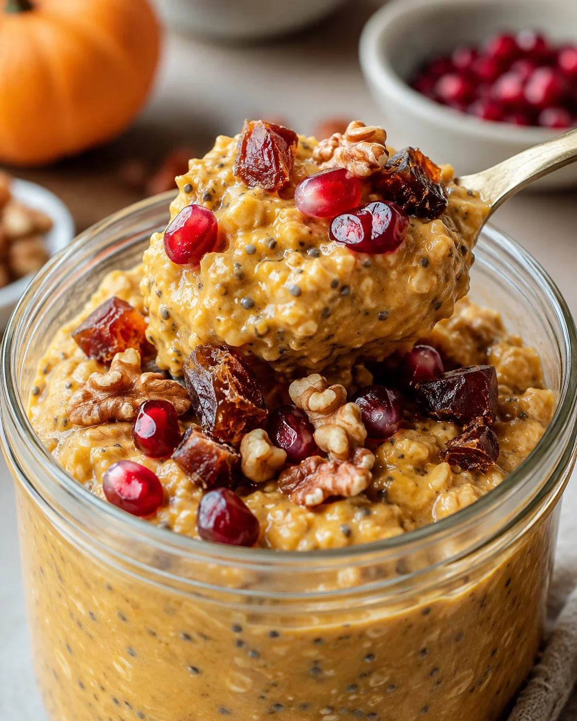 Creamy orange oats in a glass jar topped with pomegranate seeds, walnuts, and dried fruit.