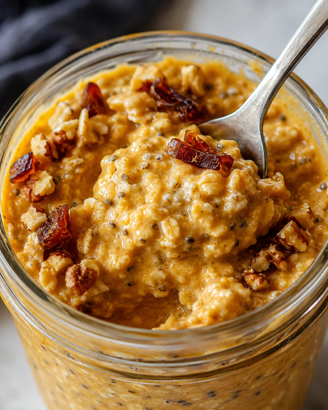Close-up of a glass jar with a creamy orange dip topped with crispy bacon and a metal spoon scooping