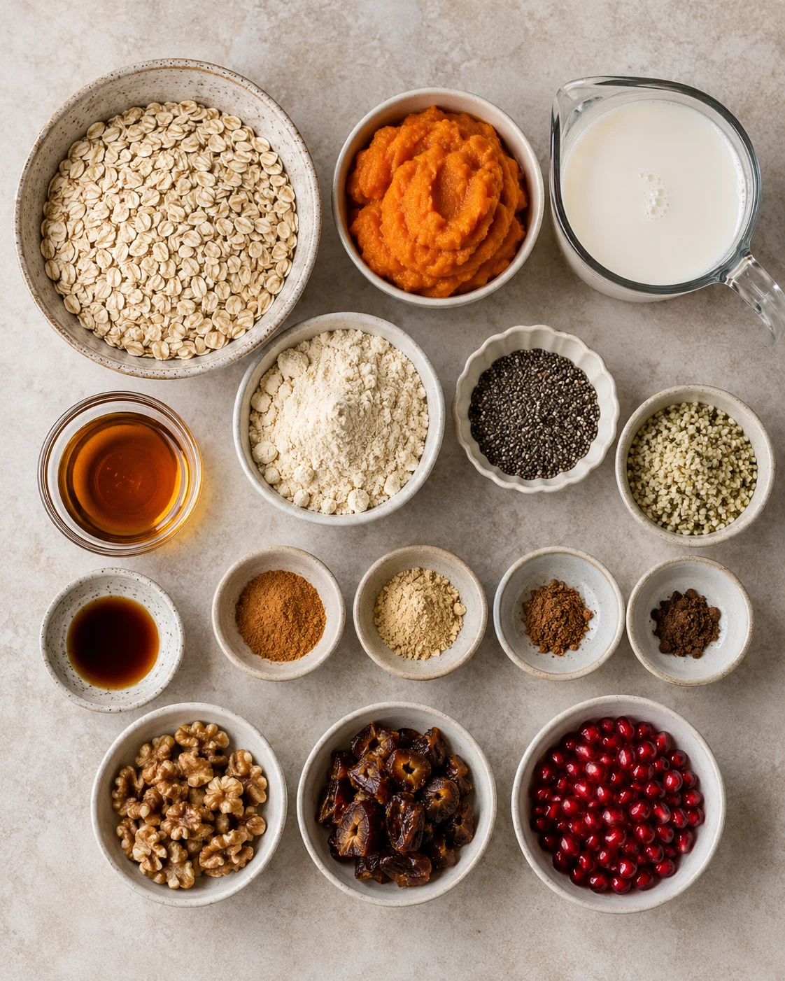 Creamy pumpkin overnight oats in jars with fall spices and toppings