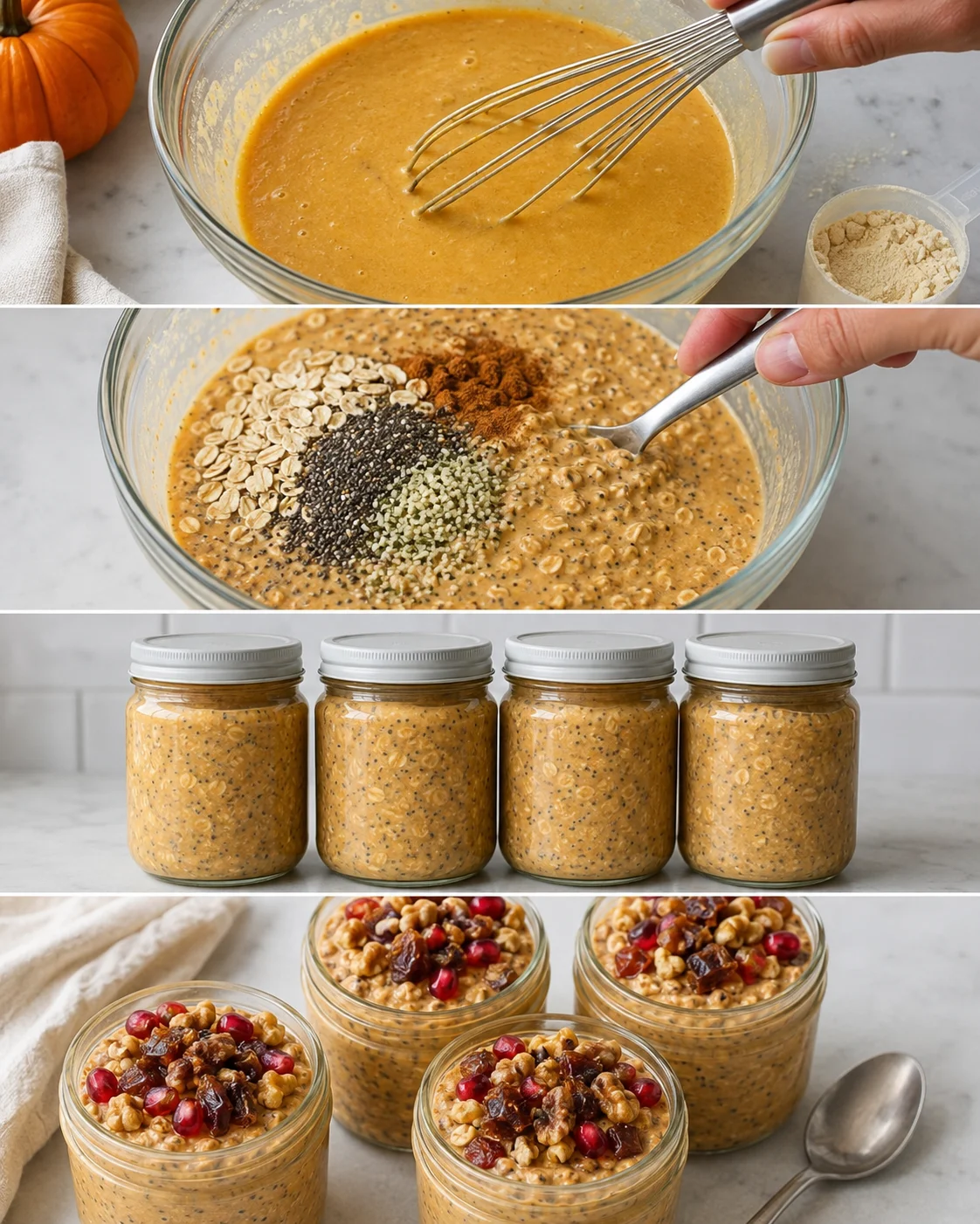 Creamy overnight oats with pumpkin and spices in a glass jar.