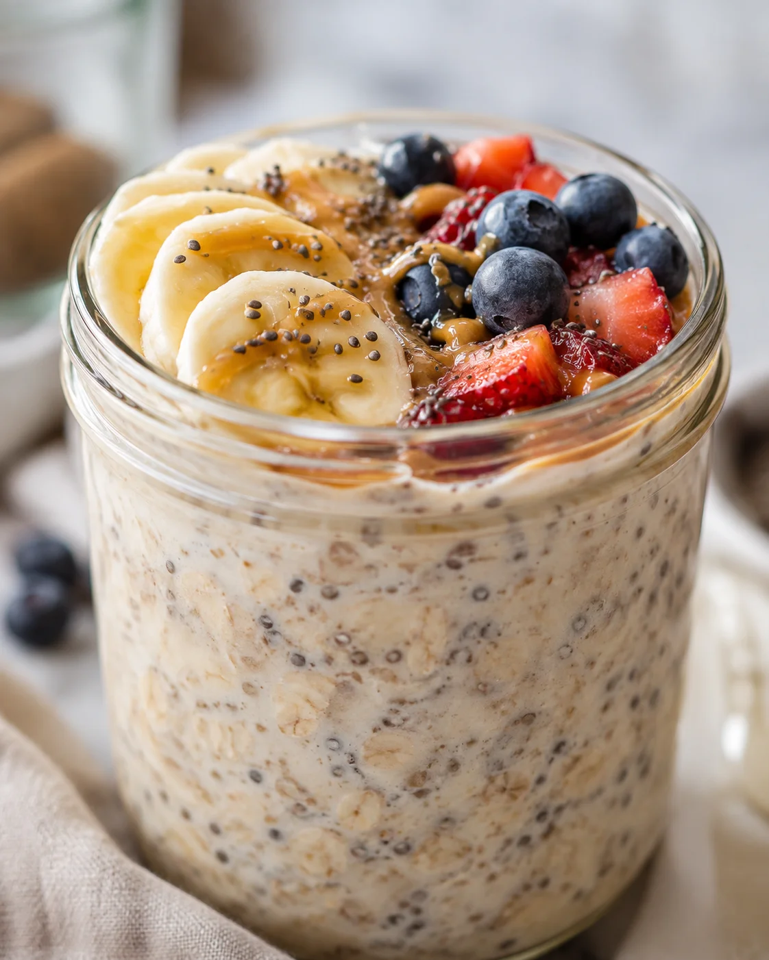Close-up of a glass jar filled with overnight oats topped with banana slices, blueberries, strawberries, raspberries, and nut-butter drizzle.