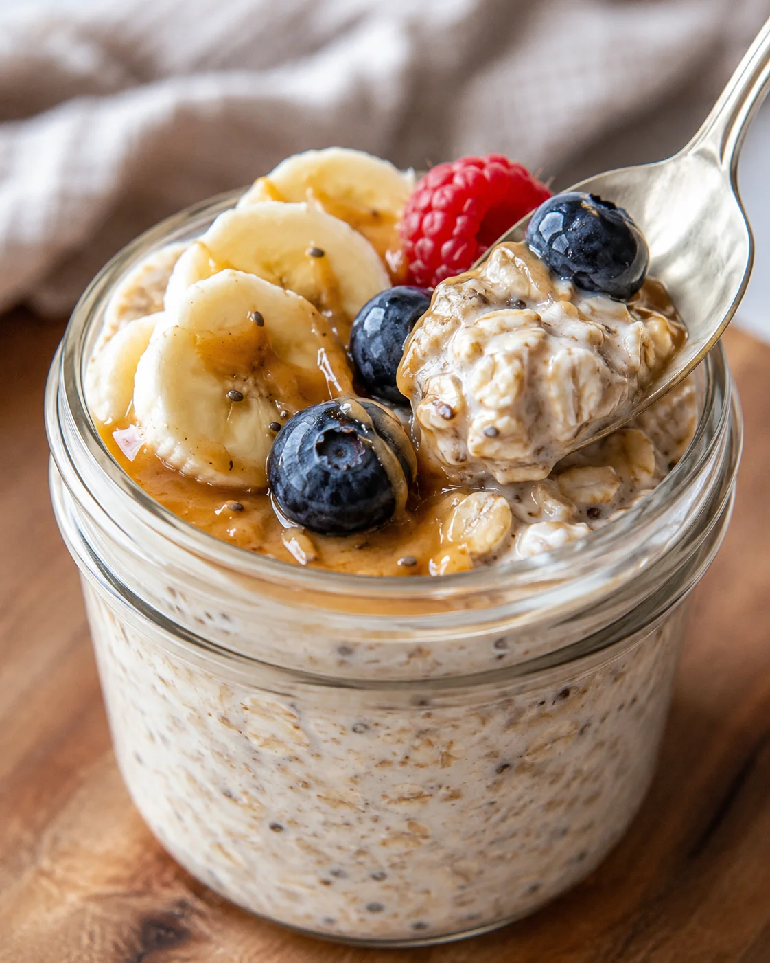 Mason jar of overnight oats topped with banana slices, blueberries, raspberry, and nut butter