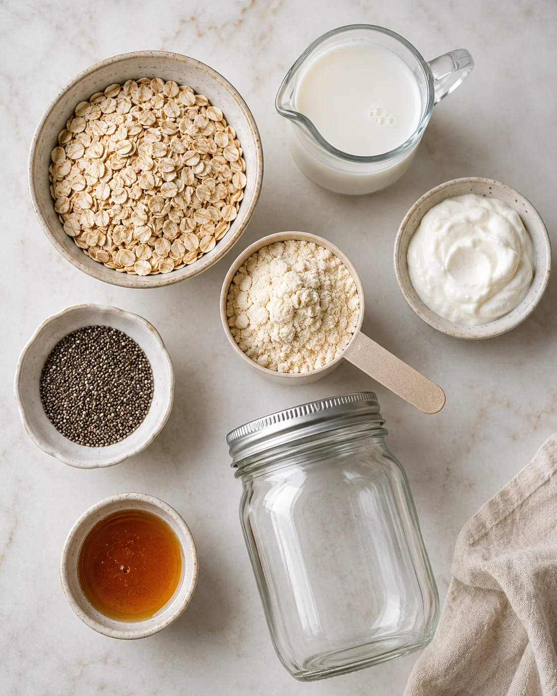 Creamy overnight oats with ingredients like oats, yogurt, milk, chia seeds, and protein powder.