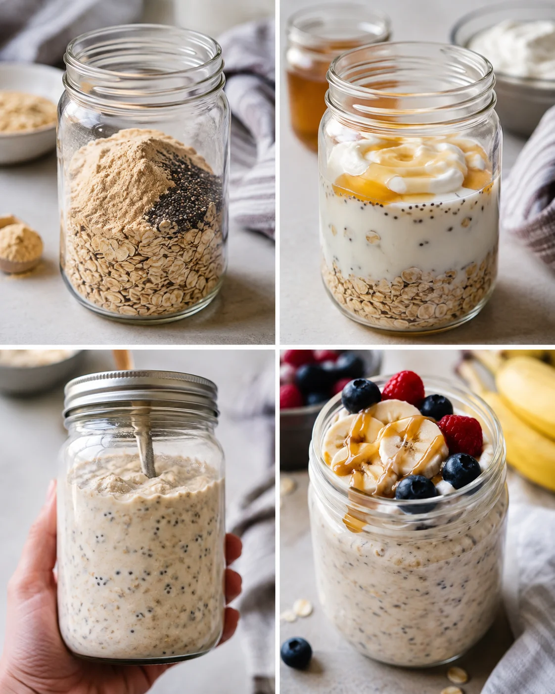 Creamy overnight oats with berries and banana in glass jars ready to eat.