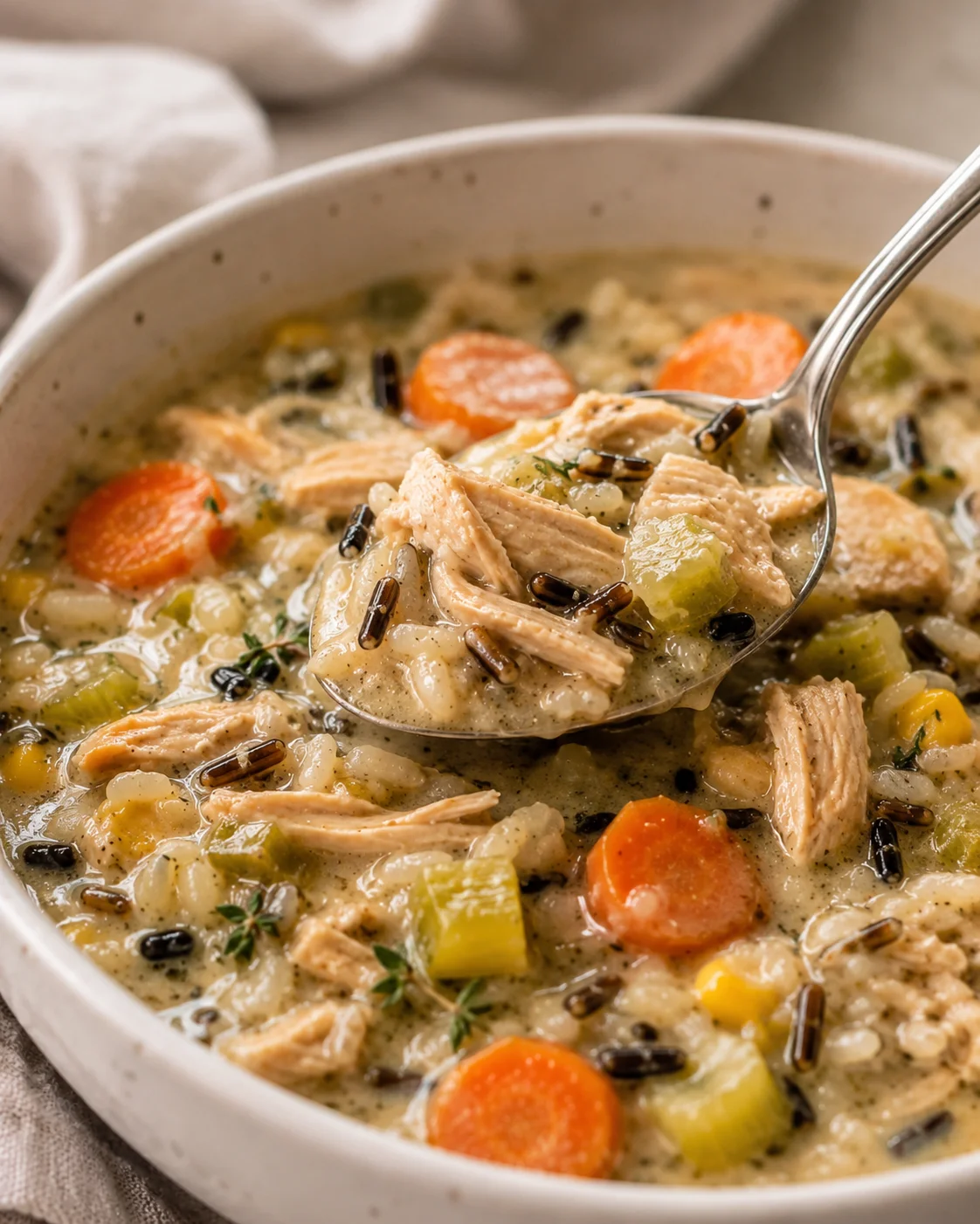 Creamy chicken and wild rice soup with carrots and thyme in a speckled ceramic bowl.