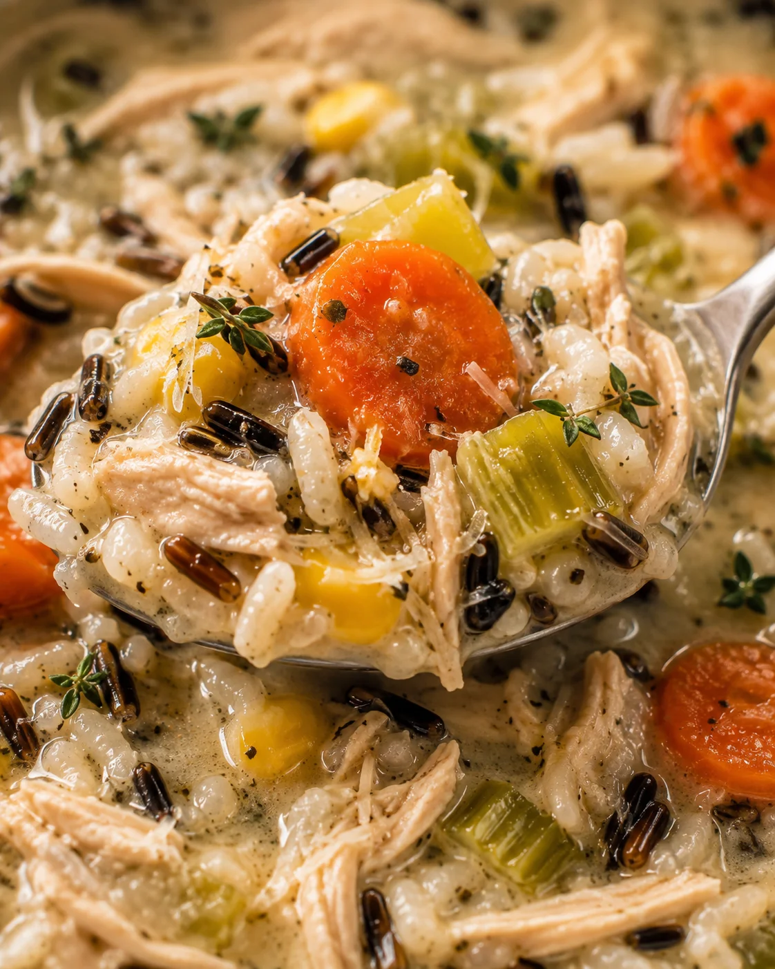 creamy chicken wild-rice soup with shredded chicken, carrots, celery, dark rice, and thyme on a spoon