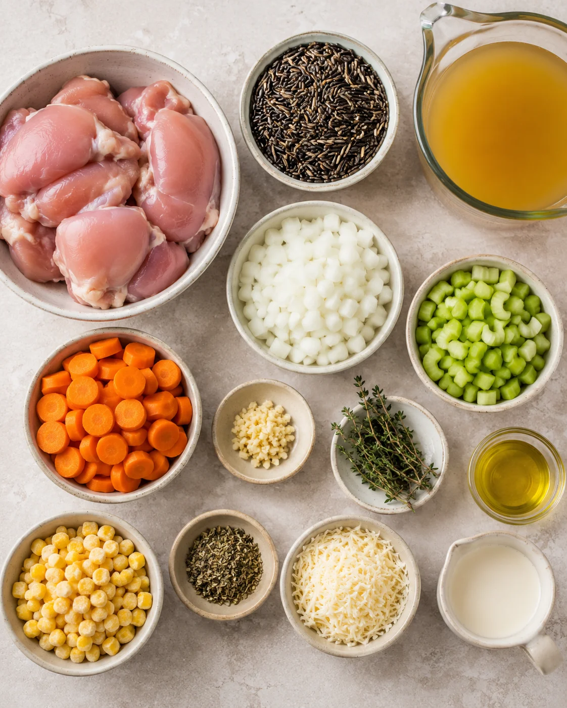 Ingredients for creamy chicken and rice soup with herbs and vegetables