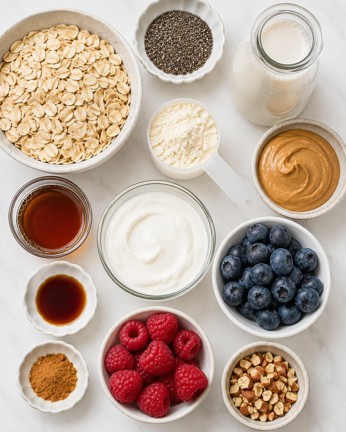 Bowl of rolled oats, chia seeds, berries, and ingredients for overnight oats on a white surface.