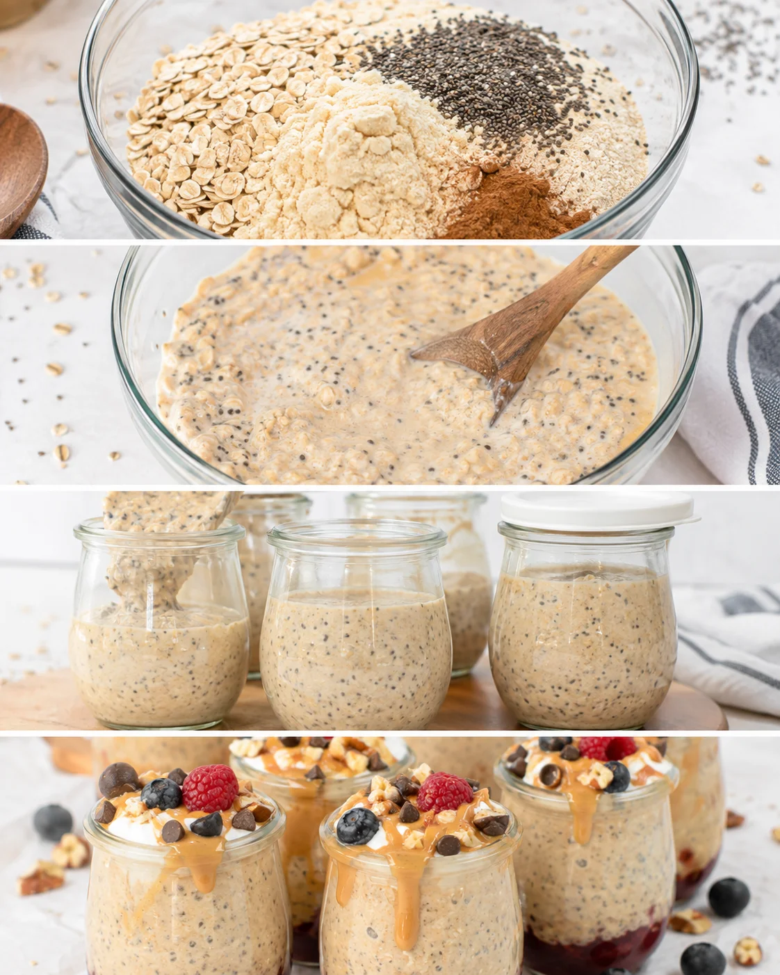 Creamy vegan protein overnight oats topped with berries and nuts in jars