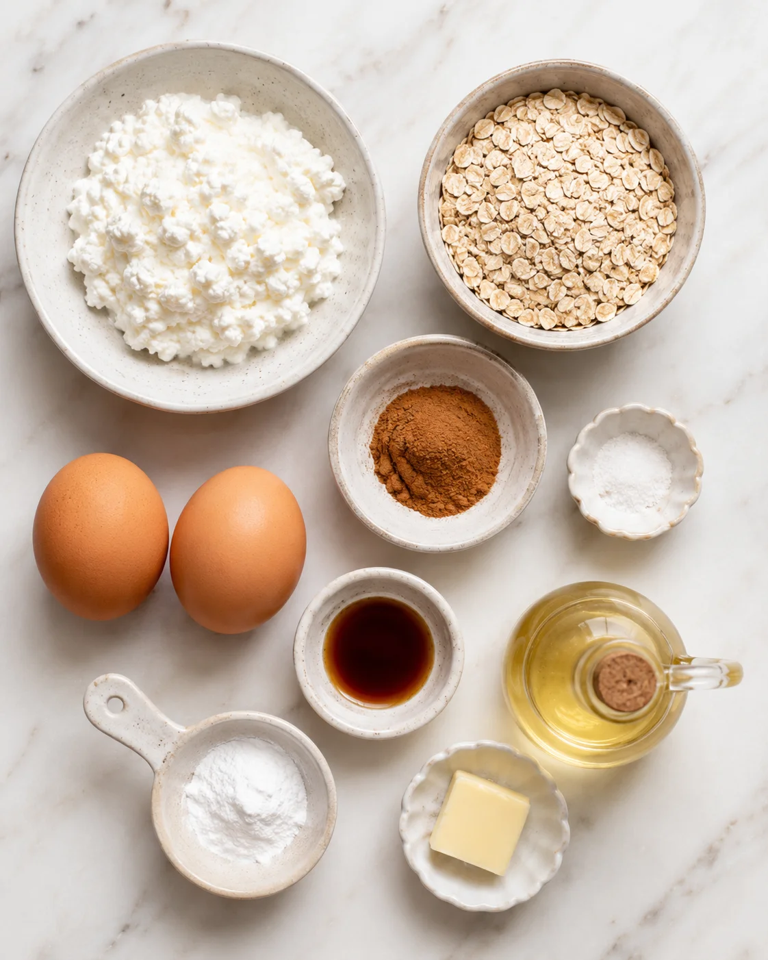 Assorted ingredients for protein cottage cheese pancakes on a marble surface.