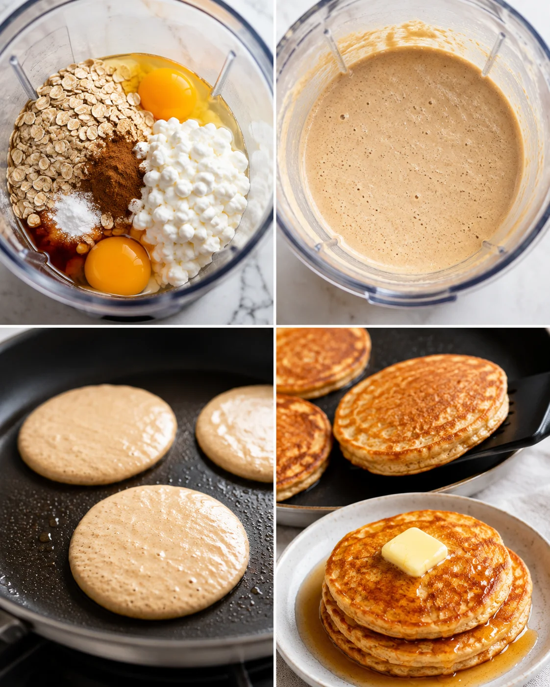 Light and fluffy cottage cheese pancakes cooked on a skillet topped with butter.