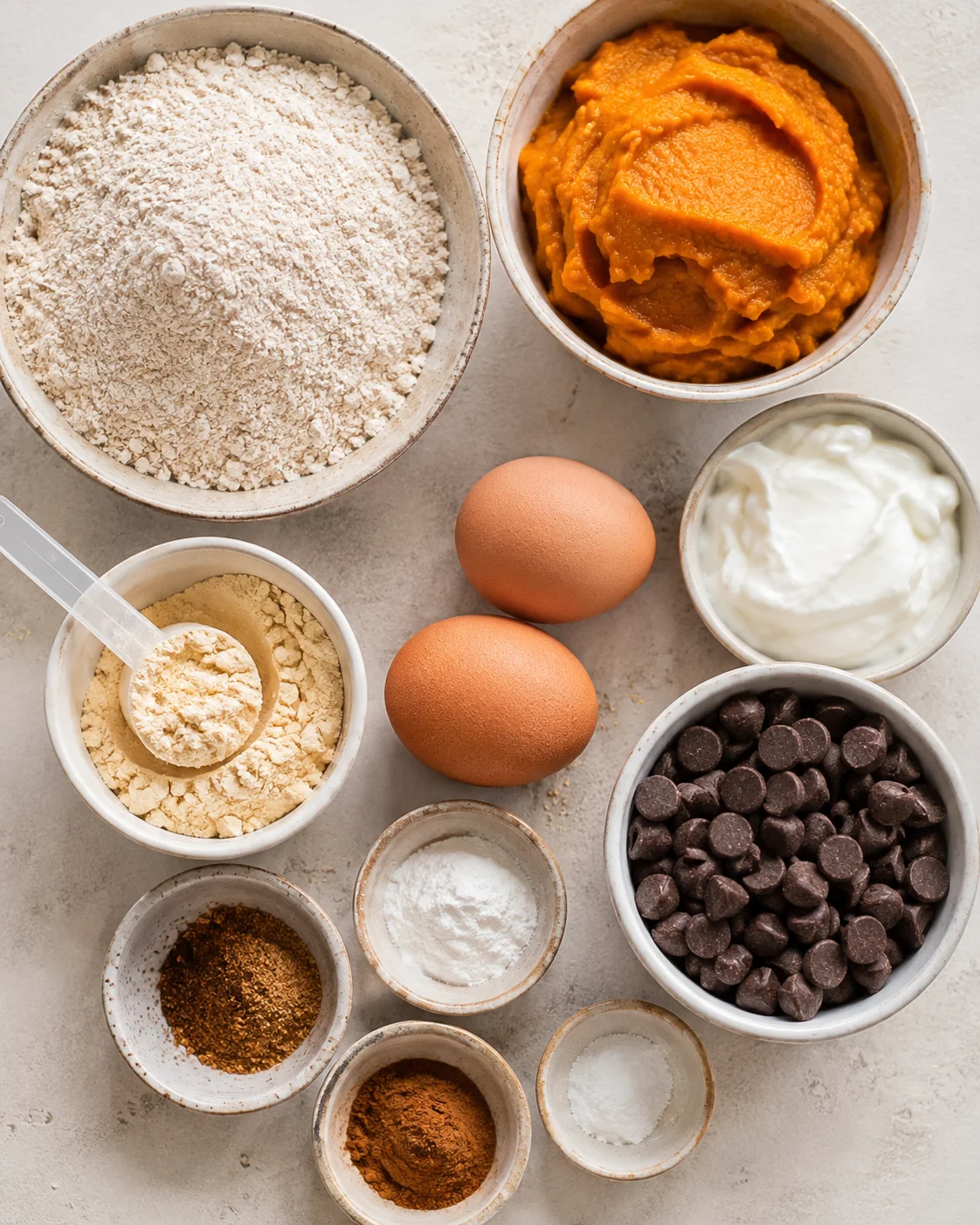 Overhead view of baking ingredients: flour, pumpkin purée, eggs, yogurt, chocolate chips, and spices.