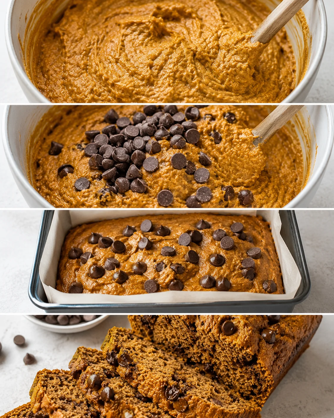 Delicious and nutritious high protein pumpkin bread with chocolate chips.